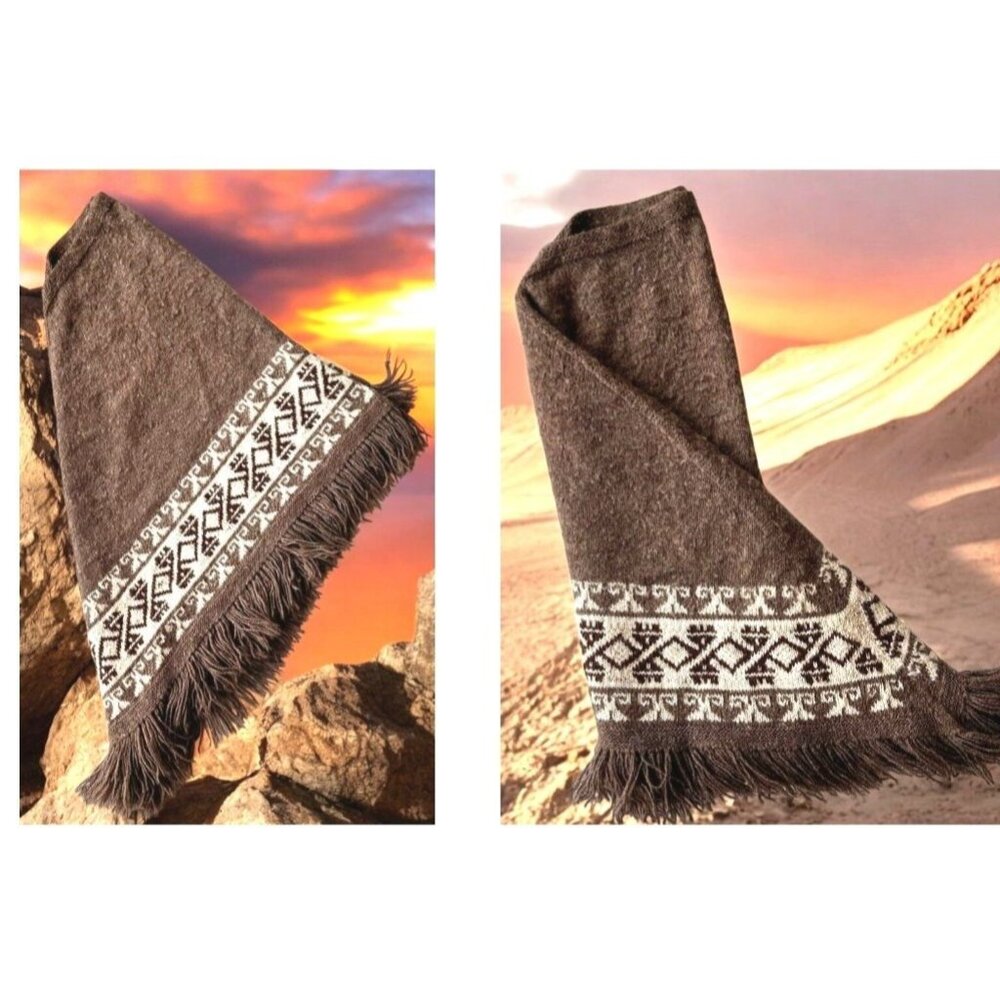 Vintage Fotrama Poncho Shawl Cape One Size Alpaca Wool Fringe Tribal Winter Boho - Picture 9 of 12